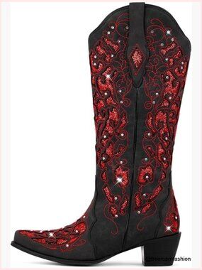 Mid Calf Cowboy Boots Sparkly Rhinestone Bling Chunky Heel Women